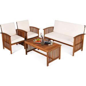 Tangkula Outdoor 4 Pcs Acacia Wood Sofa Set w/Water Resistant Cushions, Padded Patio Seating Chat Set w/Coffee Table for Garden, Backyard, Poolside (1, White)