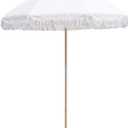 6FT Patio Beach Umbrella with Fringe, Wooden Beech Pole & 8 Fiberglass Ribs, Manual Push Lift with 30 Tilt, Outdoor Umbrella for Patio, Garden, Yard, Pool, Off White