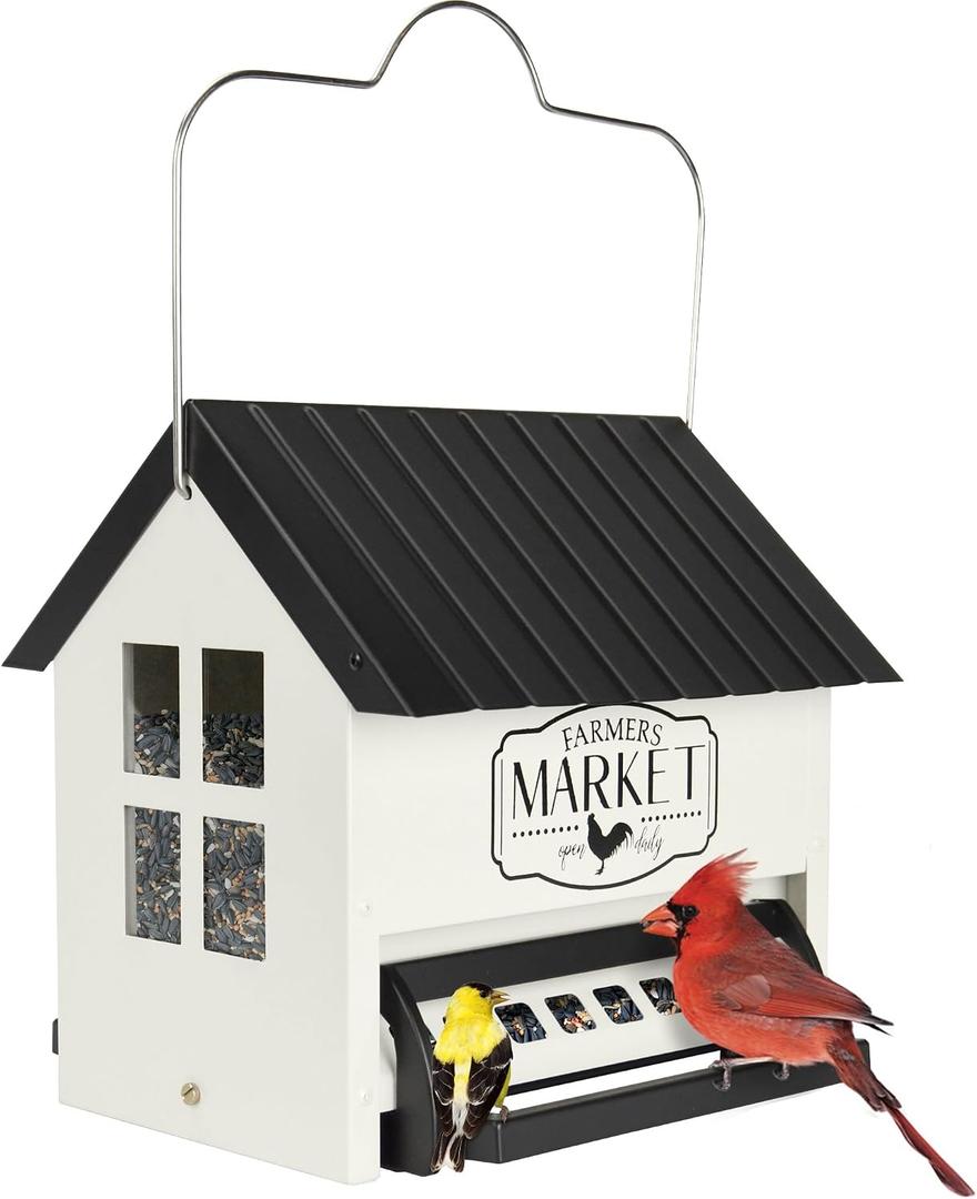 Squirrel Shield Metal Hopper Squirrel Proof Outdoor Wild Bird Seed Feeder, Hanging Bird Feeder, 2 Weight Activated Feeding Ports, Easy to Fill Roof Opening, White