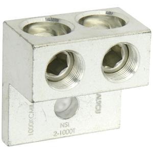 NSI 2-1000T Dual Rated Mechanical Double Lug, 1000-500 MCM Wire Range, 1/2" Mounting Hole, 3.19" Width, 1.88" Height, 3.25" Length