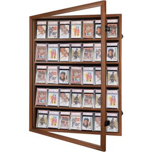 35 Card Baseball Card Display Case - Lockable Sports Graded Card Display Case Wall Mount with UV Protection Acrylic Door for Baseball Basketball Football Hockey Trading Card Collection - Walnut (36 - Walnut - Vertical - Blacklock)