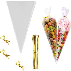 FUNNYARD Cone Bag 100PCS Mini Clear Cello Treat Bags Popcorn Bags 5.1 by 9.8 Inch Triangle Cellophane Bag with Twist Ties