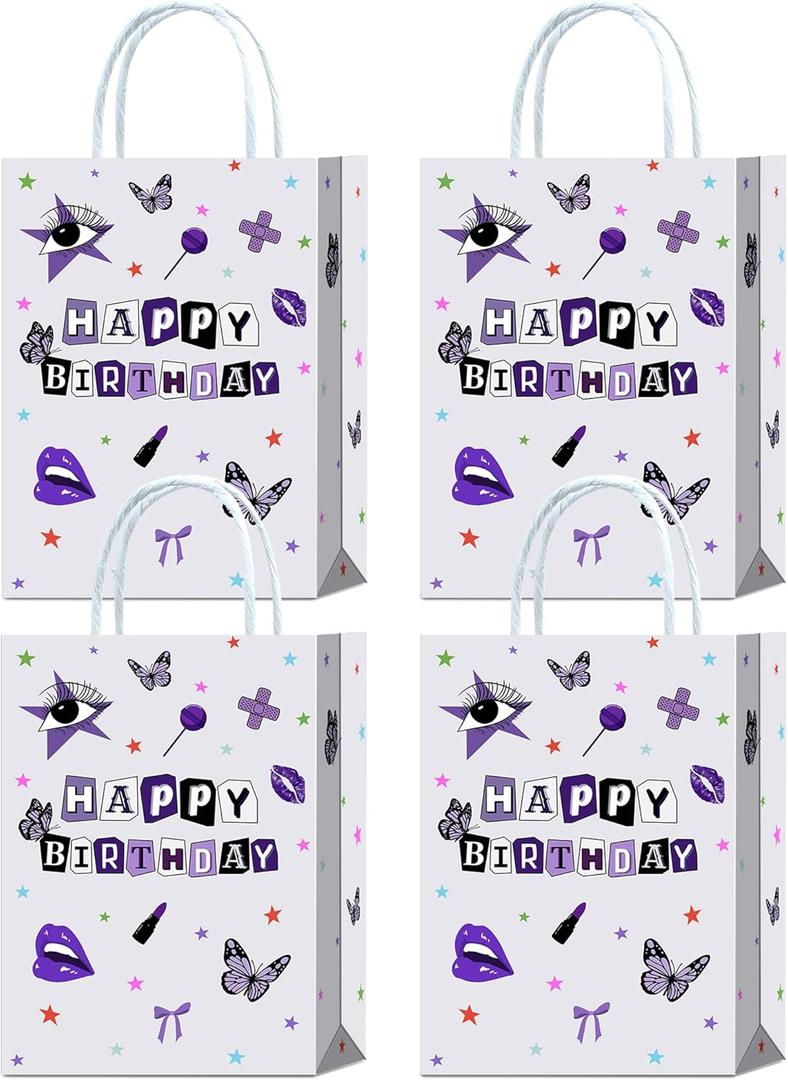Brattol 16 Pieces Purple Happy Birthday Goodie Bags for Pop Music Birthday Gift Snacks Treat Candy Favors Bags for Vocalist Music Tour Concert Party Fans Gathering Theme Birthday Party Decorations