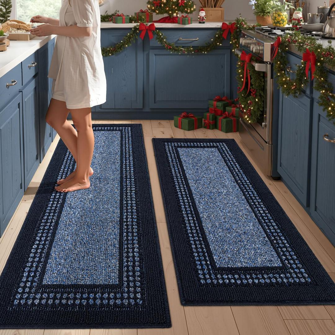 Kitchen Rugs Set,Non Slip Kitchen Mats for Floor-Thick Stain Resistant Kitchen Floor Mat Runner Carpet for Hallways Entryway Laundry Room Washable(20"x48"+20"x59",Blue)