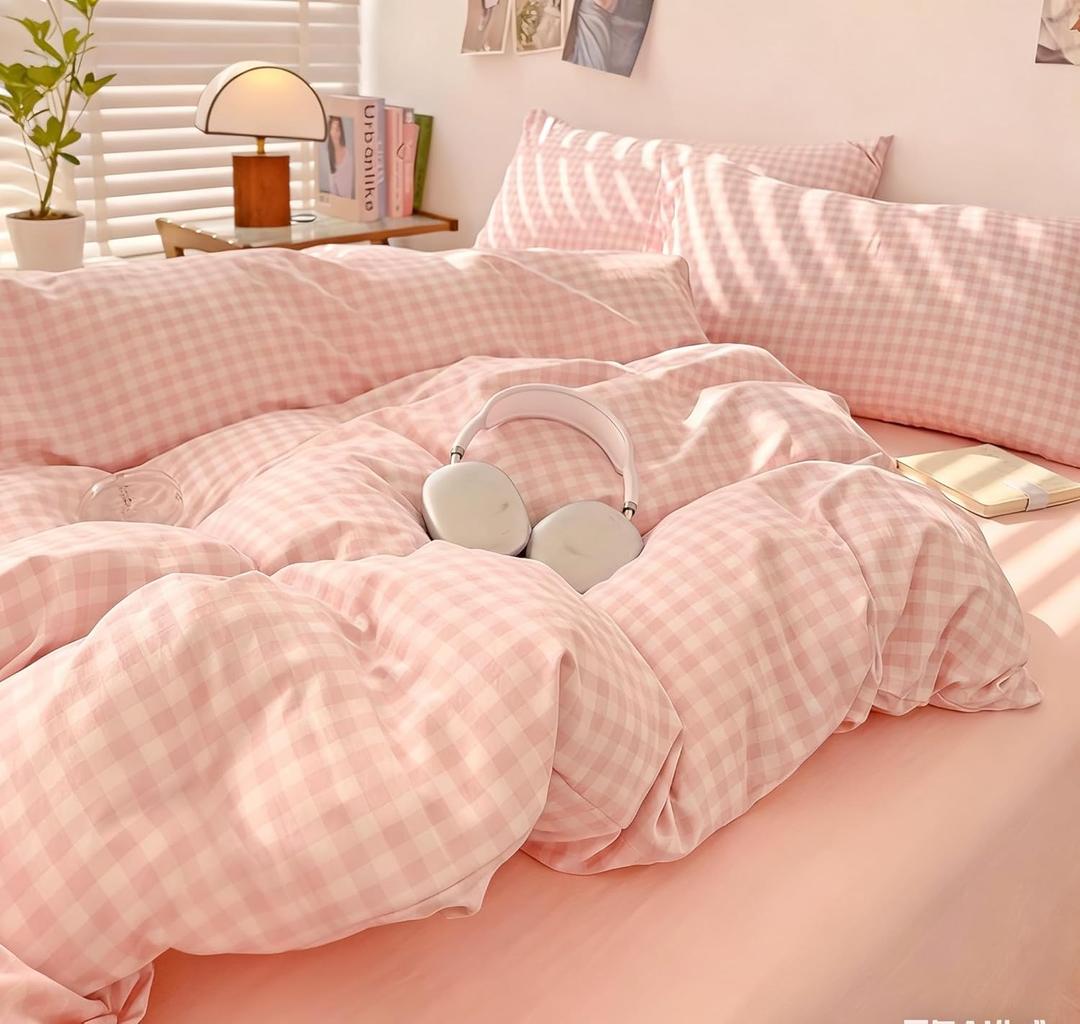 Kimko Pink Buffalo Plaid Gingham Duvet Cover Set,Grid Checkered Bedding Set with Zipper Closure,Gentle,Soft,Home Cozy and Breathable 3Pcs:1 Duvet Cover+2 Pillowcase (# 011, Twin-59''X79'')