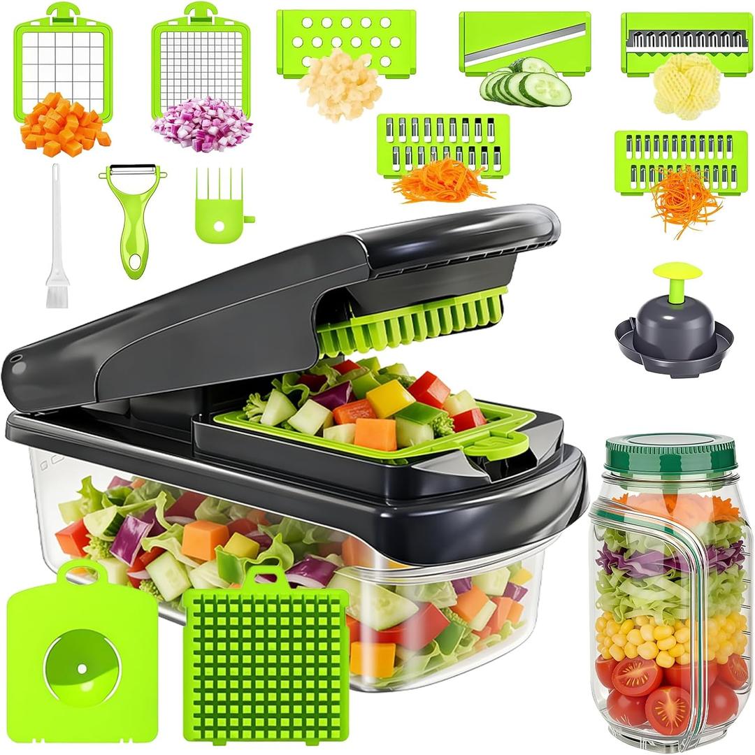 16-in-1 Vegetable Chopper with Container & Side-Opening Salad Jar Perfect for Vegetable Salads at Lunch and Dinner.Chopper Set Functions as an Onion Chopper, Potato & Carrot Grater, and More.