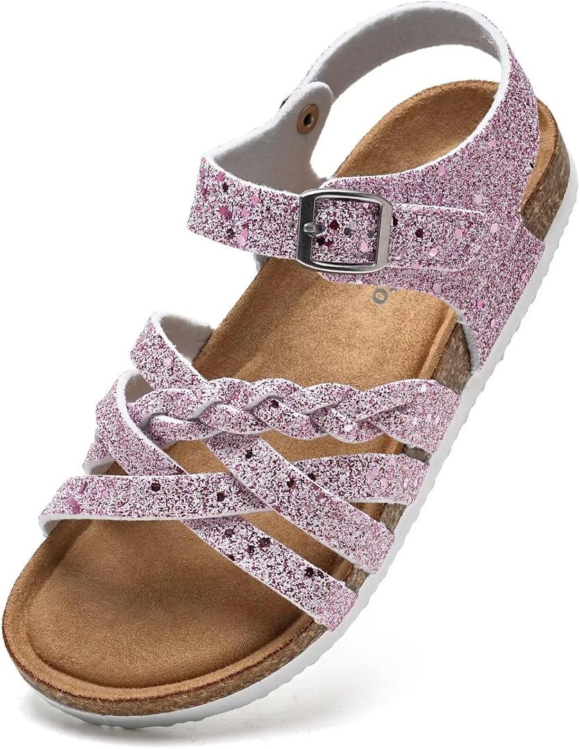 Torotto Girls Sandals with Cork Footbed Adjustable Buckle Casual Slides Sandals Open Toes Flat for Kids Toddler