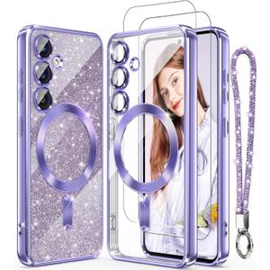 Magnetic for Samsung Galaxy S24 5G Case + 2X Screen Protectors,Luxury Plated Gold Edge [Glitter Card&Wrist Strap] Slim Soft Crystal Clear TPU Shockproof Case Cover for S24 5G-Light Purple