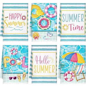 Tranqun 6 Pcs Summer Kitchen Towels Blue Pool Hand Dish Towels Cute Tea Accessories Watermelon Pool Decorative Absorbent Drying Dishcloth for Kitchen Cooking Home Baking Housewarming Gifts, 16 x 24''