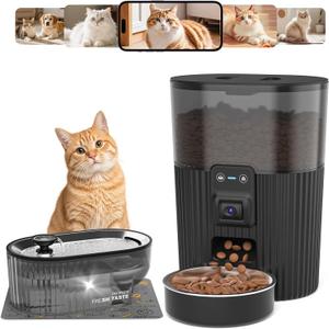 PAPIFEED Automatic Cat Feeder and Water Fountain Stainless Steel, WiFi Timed Auto Cat Feeder with Camera & App, Cat Food & Water Dispenser, Quiet Pet Drinking Fountain with LED, Smart Dog Feeder Set ﻿