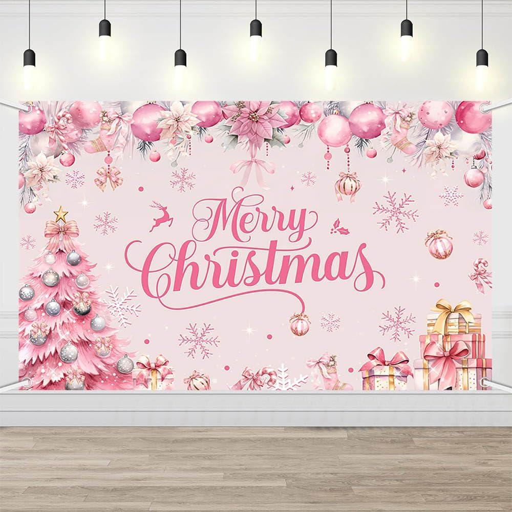 AIBIIN Merry Christmas Party Backdrop Pink Coquette Snowflakes Christmas Tree Merry Xmas Photo Photography Background Winter Wonderland Xmas Party Decoration 70.8x43.4inch