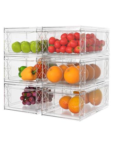 WRRLORS 6 Pack Stackable Storage Drawers,Clear Fridge Organizer with Handles and Movable Dividers,Pull-Out Acrylic Drawer Organizer for Pantry, Bathroom,Kitchen Undersink,Cabinet