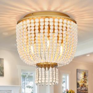 3-Light 12" Boho Wood Beaded Flush Mount Ceiling Light for Bedroom, Adjustable Shape Beaded Chandelier, Boho Chandelier Coastal Flush Mount Ceiling Light for Entryway Hallway Kitchen