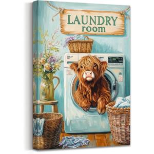 AWPANERAR Laundry Room Wall Art Rustic Highland Cow Laundry Pictures Print Cute Baby Cow Painting Funny Laundry Room Sign Poster Bathroom Decor Framed (18L x 12W)