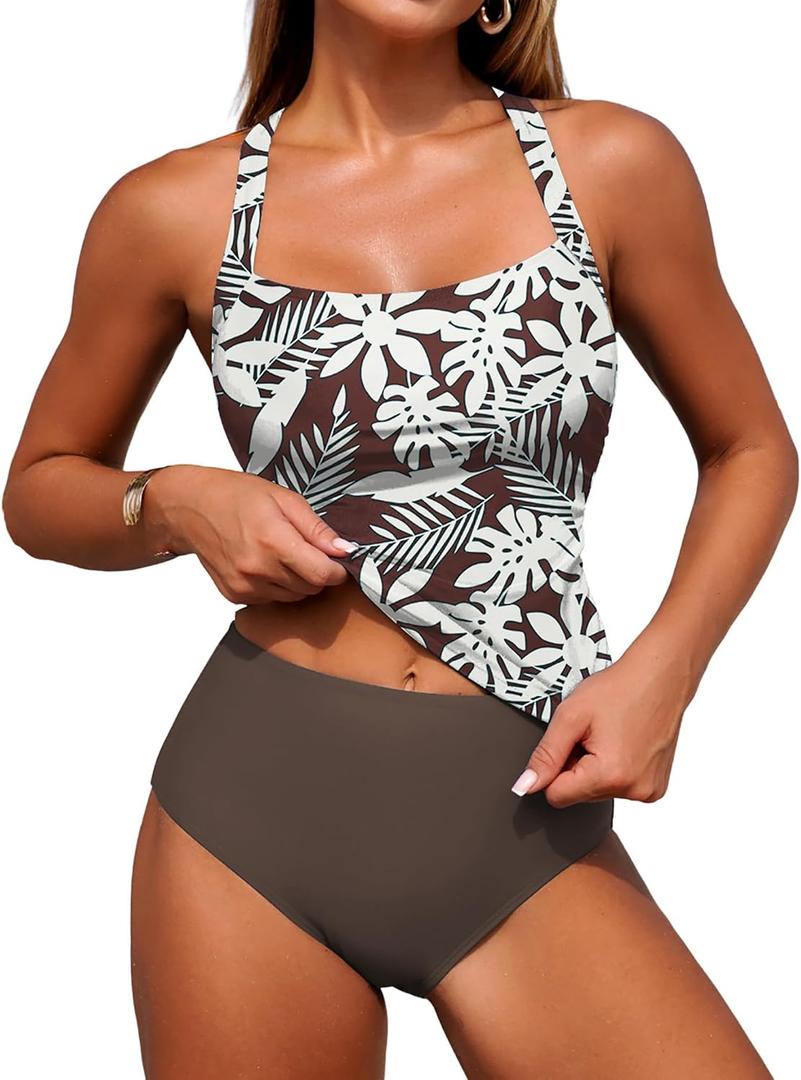 ZAFUL Women's Tankini Swimsuits Tummy Control Swimwear Two Piece Bathing Suits Swim Top with High Waisted Bottom (Brown, M)