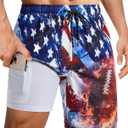 Gleeease Mens Swim Trunks Mens Bathing Suit 9 inch with Compression Liner Pocket Quick Dry Stretch 2-in-1 American Flag Beach (Large, Rugby)
