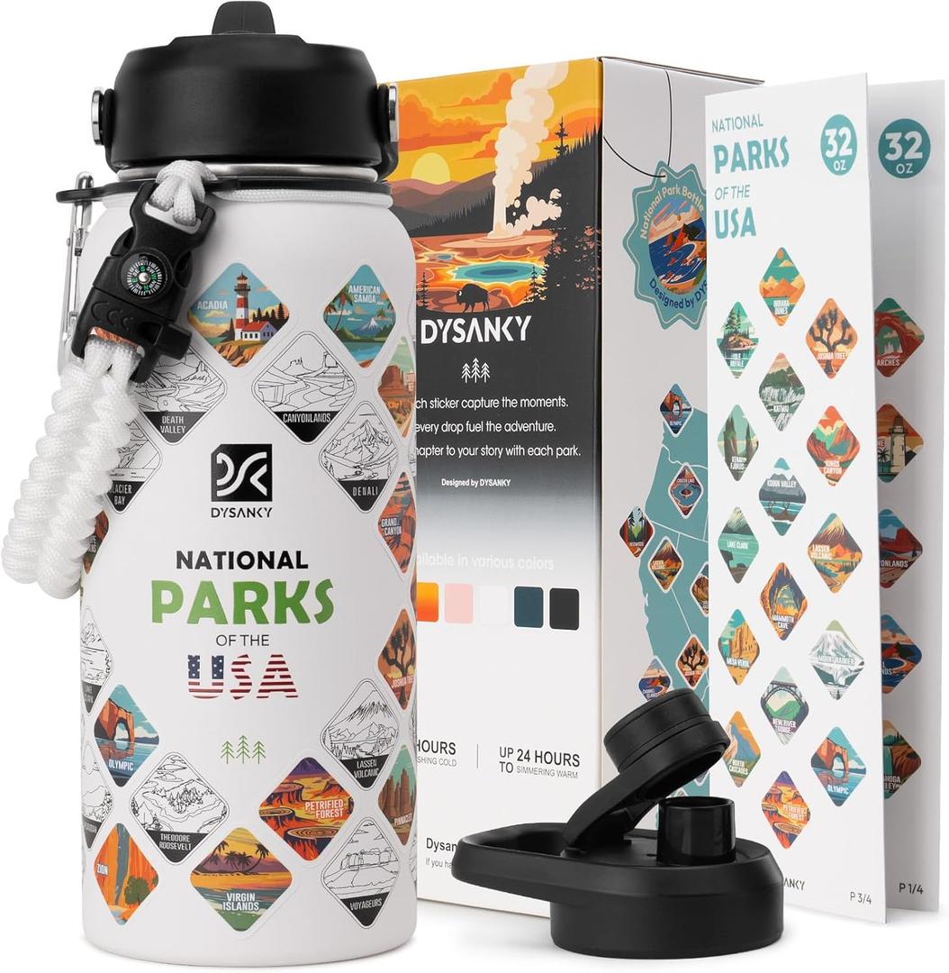 National Parks Water Bottle  32 oz Insulated Stainless Steel Water Jug with 63 Hand-Drawn Park Stickers, Outdoor Accessories & Gift Box  BPA-Free  Ideal for Hiking, Camping & Travel (White)