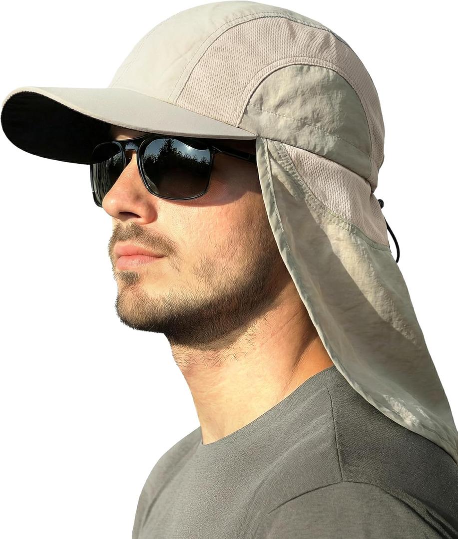 Mens Sun Hat with Breathable Mesh Sun Hats for Men Sun Protection Fishing Hat with Neck Flap for Hiking Cycling (Light Beige)
