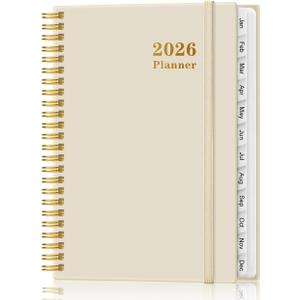 2026 Planner - Weekly and Monthly Calendar Planner from Jan 2026 - Dec 2026, Planner 2026 Spiral Bound with 12 Monthly Tabs, Inner Pocket, Perfect for School Office Supplies, 6.4" x 8.5", Beige