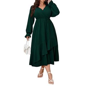 SHESTARR Womens Plus Size Wedding Guest Cocktail Maxi Dress Faux Wrap V Neck Long Sleeve Ruffle Hem Split Long Dress Emerald Green, 1XL
