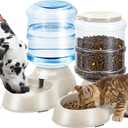 2 Pack Automatic Cat Feeder and Water Dispenser in Set Pet Food Bowl for Small Medium Dog Pets Puppy Kitten Big Capacity 1 Gallon x 2 (Cream)