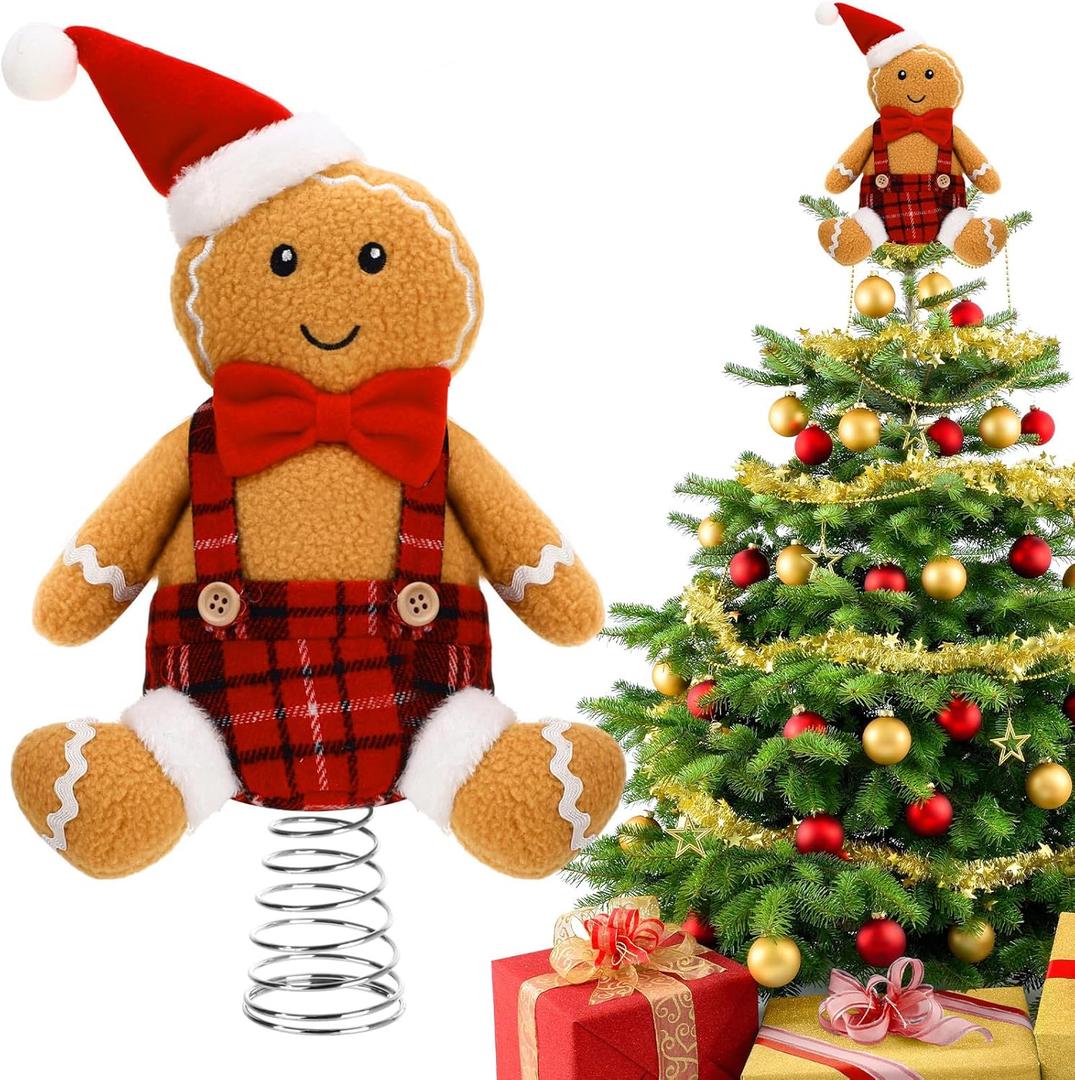 Soulchen Christmas Gingerbread Tree Topper, 9.84 Inch Cute Plush Xmas Doll Tree Ornament Holiday Decoration & Gift for Indoor Outdoor Use(Gingerbread Man)