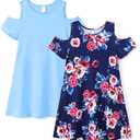 PATPAT Girls Summer Dress Short Sleeve Cold Shoulder Dresses Set Solid Color Casual Dress Floral Dress with Pockets (10-11 Years, Blue)