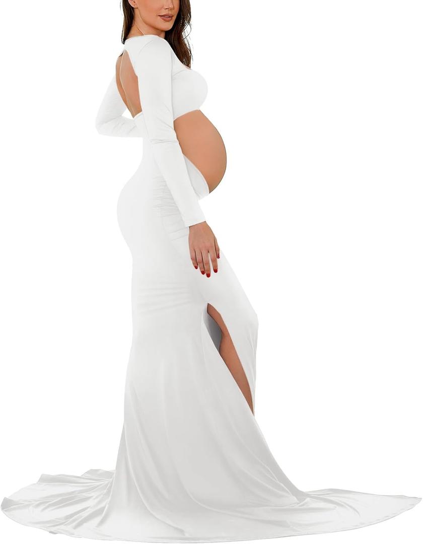 Bhome Maternity Dress for Photoshoot Cut-Out Backless Side Split Maternity Maxi Gown for Photoshoot (Medium, White)