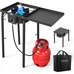 ROVSUN Single Burner Propane Gas Stove with Side Shelf & Carrying Bag, 100,000 BTU Portable Stove with Removable Legs & Regulator for Camping Home Backyard Cooking Brewing Canning Turkey Frying
