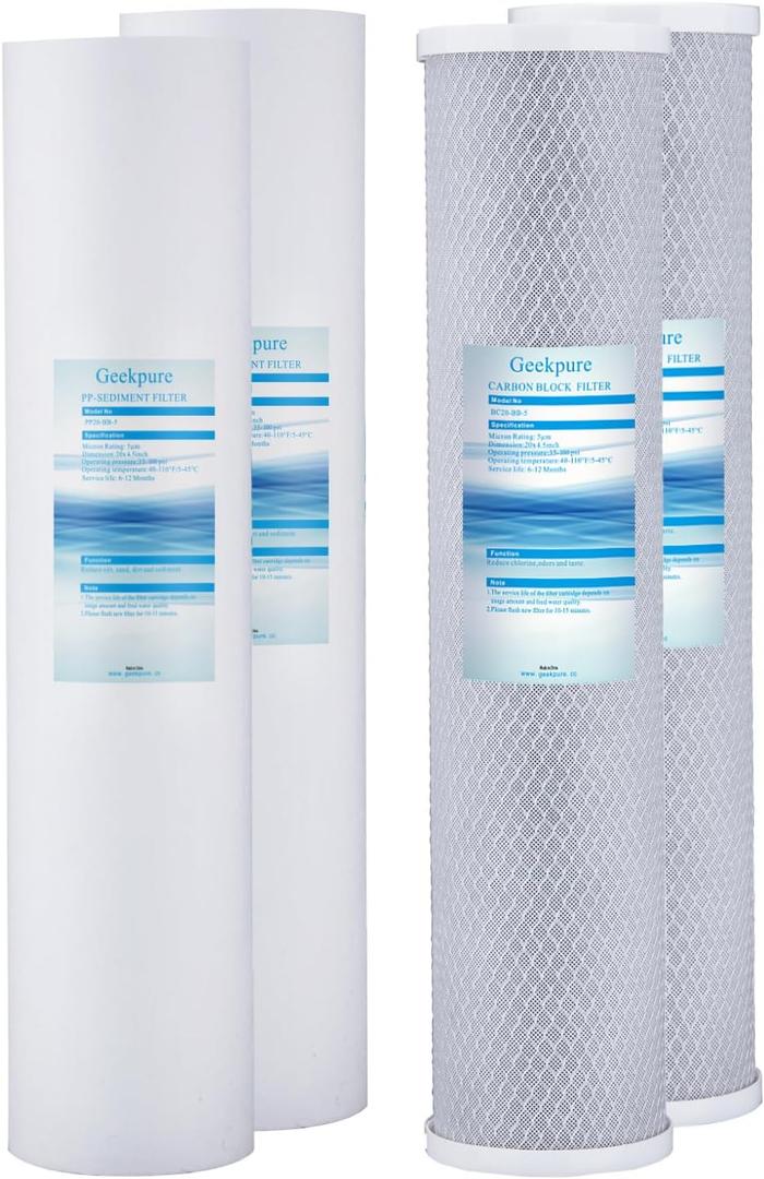 Geekpure Whole House PP Sediment and Carbon Block Replacement Filters -4.5 x 20 Inch -5 Micron-Pack of 4