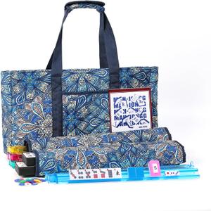 American Mahjong Tile Set with Blue Printed Carrying Bag, 166 Premium Tiles, 4 All-in-One Color Racks/Pushers, Mah Jongg Sets, Mahjong Game Set for Travel, Christmas, Birthday Gifts, 4 inches x 9 inches x 21 inches