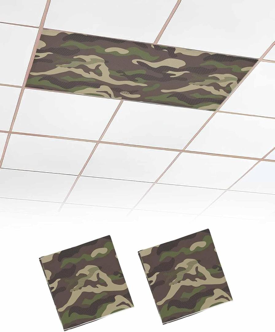 2x 2 Pack Fluorescent Light Cover for Classroom Ceiling Light, Military Camouflage Magnetic Light Cover Filters, Army Soldiers Green Light Covers for Office School Home Drop Lamp Ceiling Decor 4x2 Feet