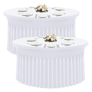 Moosfor Spandex Fitted 48 inch Round Tablecloth 2 Pack, Elastic Stretch Wrinkle Resistant 4FT Table Skirt, Washable Reusable Table Cover for Wedding, Banquet, Party Events, White