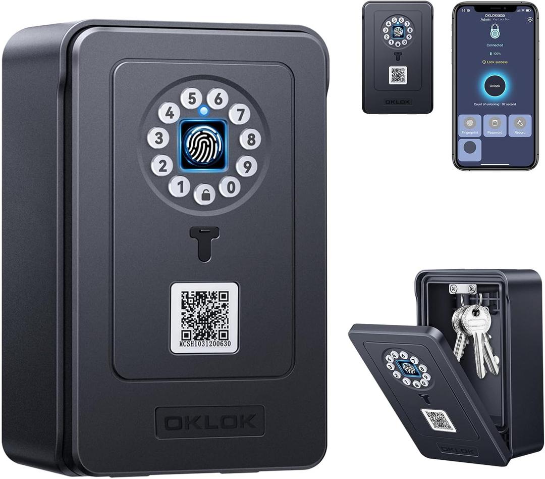 Smart Key Lock Box, ELECTOP Fingerprint Lock Box Bluetooth Key Box with App Control & Passcode, Waterproof Wall Mounted & Door Hanging Security Key Lock Box for House Key, Realtor, Office, Garage