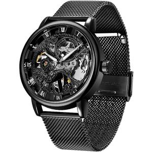 Men's Skeleton Mechanical Roman Numeral Mesh Strap Watch, Hand Winding Mechanical Mesh Luminous Waterproof Watch for Men (WIN067-black)