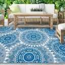 Alfolo 9x12 Outdoor Patio Rug - Waterproof Reversible Plastic Straw Mat, UV Resistant & Easy Clean, Foldable Camping Carpet with Carry Bag for RV, Deck, Pool & Picnic (Navy Blue Boho)