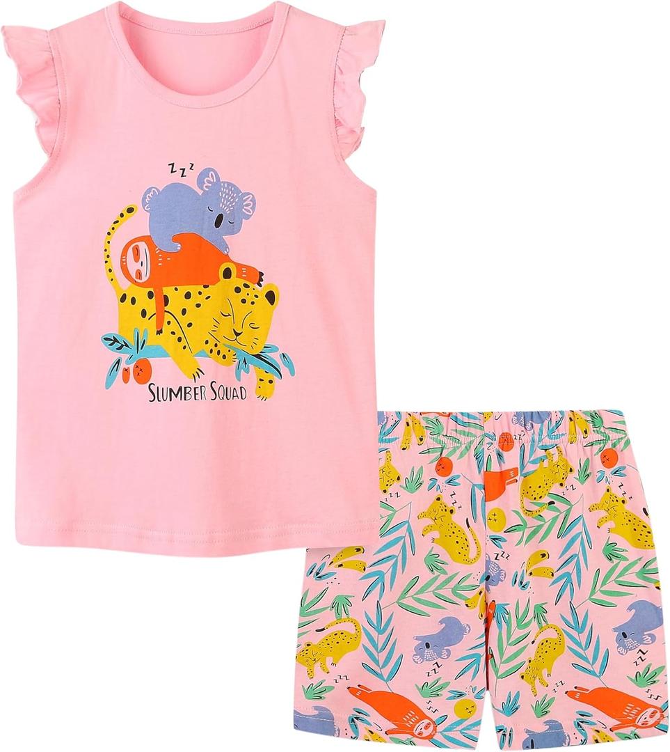 Toddler Girls Summer Outfit Cotton Flutter Sleeve Tank Top and Shorts Cute Clothing Set Size: 7Y (Leopard Pink)