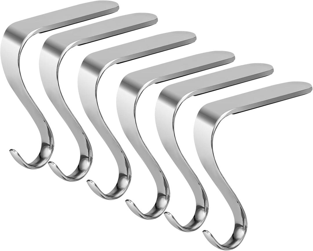 Christmas Stocking Holders for Mantle Set of 6, Metal Fireplace Stocking Hangers, Anti-Rust Non-Slip Non-Tarnish Mantel Hooks Grips Set for Garland, Windowsill, Party, Christmas Decorations, Silver