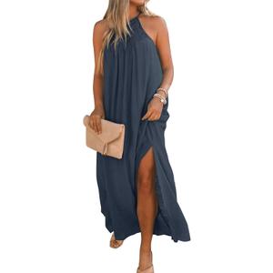FARORO Sleeveless Long Dress for Women Boho Halter Maxi Sundress Casual Loose Dresses Split Cover Up Gown with Pockets (XX-Large, Navy)