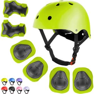 WayEee Kids Bike Helmet Set Skateboard Knee Pads, Helmet Pad Set Protective Gear Set Adjustable for Girls Kids 3-14 Helmet Elbow Pads Wrist Guards for Sport Cycling Bike Roller Skating Scooter (Green)