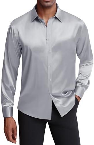 J.VER Men's Silk Satin Long Sleeve Dress Shirts Shiny Casual Button Down Shirt Luxury Party Prom Shirts, 3XL