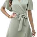 AliChan Womens Summer Satin Wrap Casual Dress V Neck Flared Sleeve Tie Front Waist Elegant Dress, Medium