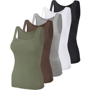 BQTQ 5 Pack Women's Tank Tops Square Neck Sleeveless Ladies Tank Top Undershirts (XX-Large, Black, Gray, Whit, Coffee, Army Green)