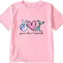 Girl's Peace Love and Mermaids Print T-Shirt Short Sleeve Crew Neck Summer Tee (Pink), Size: 9 Years