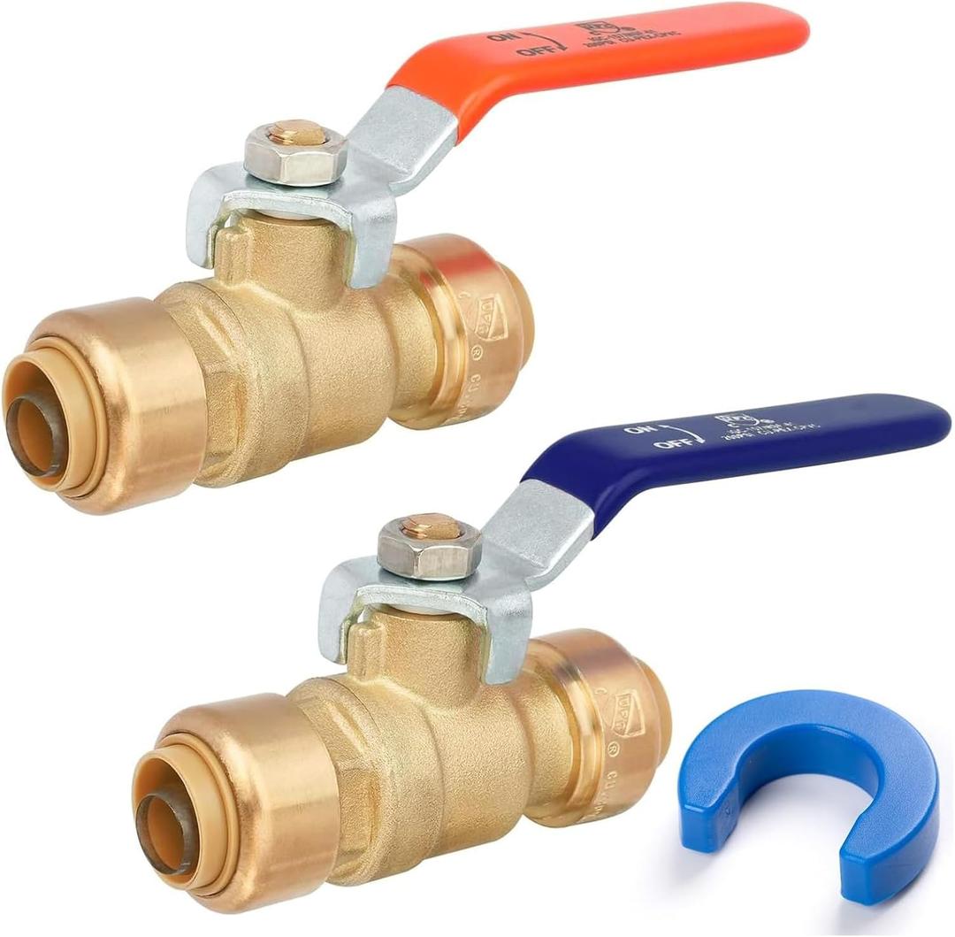 1/2" Push to Connect Ball Valve, Brass Plumbing Fitting for Copper, CPVC, PEX Pipes, With Upgraded Stiffener, Disconnect Clip Included, NSF & UPC Certified, Lead-Free, 2 Pack
