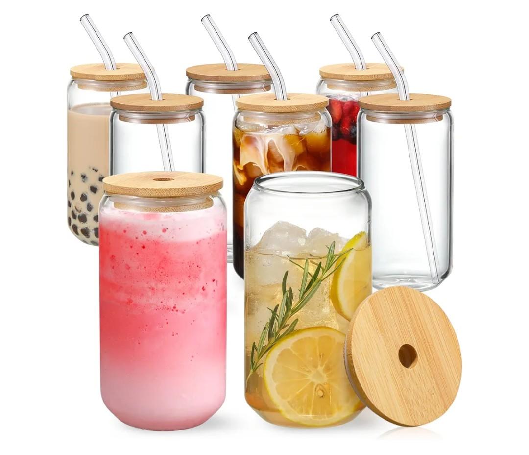 NETANY [ 8pcs Set ] Drinking Glasses with Bamboo Lids and Glass Straw - 16oz Glass Cups, Beer Glasses, Iced Coffee Glasses, Cute Tea Cup, Ideal for Cocktail, Whiskey, Gift - 2 Cleaning Brushes