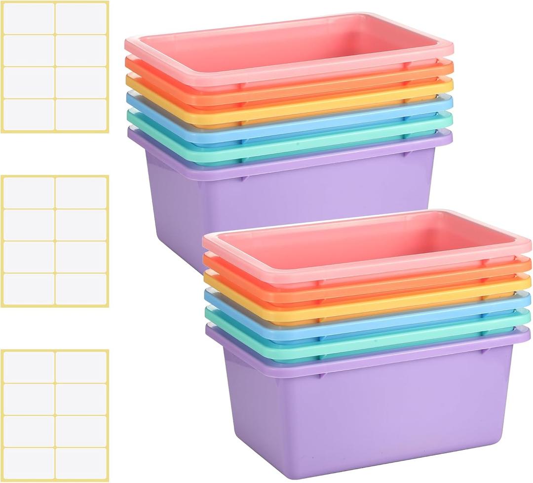 Zonon 12 Pcs Plastic Cubby Storage Bins Classroom Cubby Organization Storage Containers with 1 Pack Self Adhesive Labels Bin for Office Library School Home(Macaron Color)
