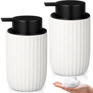 2 Pack Ceramic Foaming Hand Soap Dispenser Beige, Foam Dispenser with Black Pump 10 oz Speckled Rippled Refillable Liquid Lotion Soap Foam Bottle for Kitchen Bathroom (Foaming Pump)