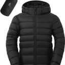 ASPO Men's Packable Puffer Jackets Winter Lightweight Detachable Hood Water-Resistant Down Coats Warm Insulated Hiking Travel (X-Large, Black)
