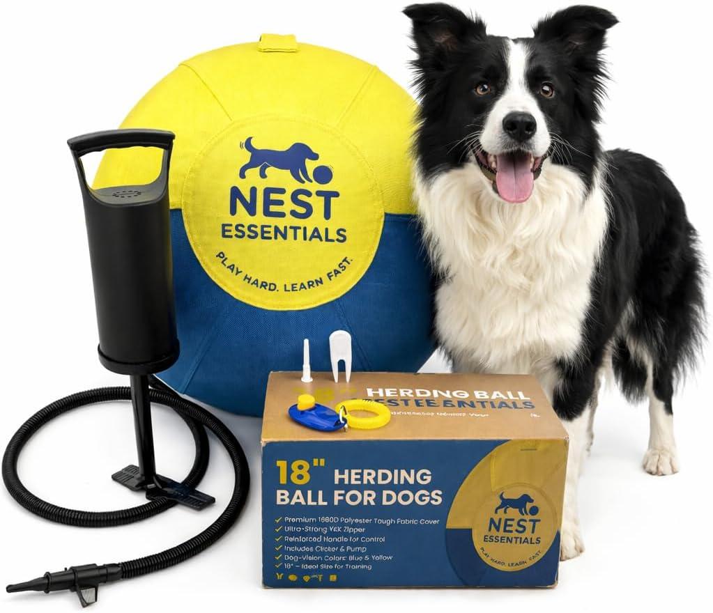 Herding Ball for Dogs 18 Durable Training Dog Toy for Medium & Large Dogs | Dog Ball Includes Clicker + Pump | Blue & Yellow | Tough 1680D Fabric | for Active Breeds